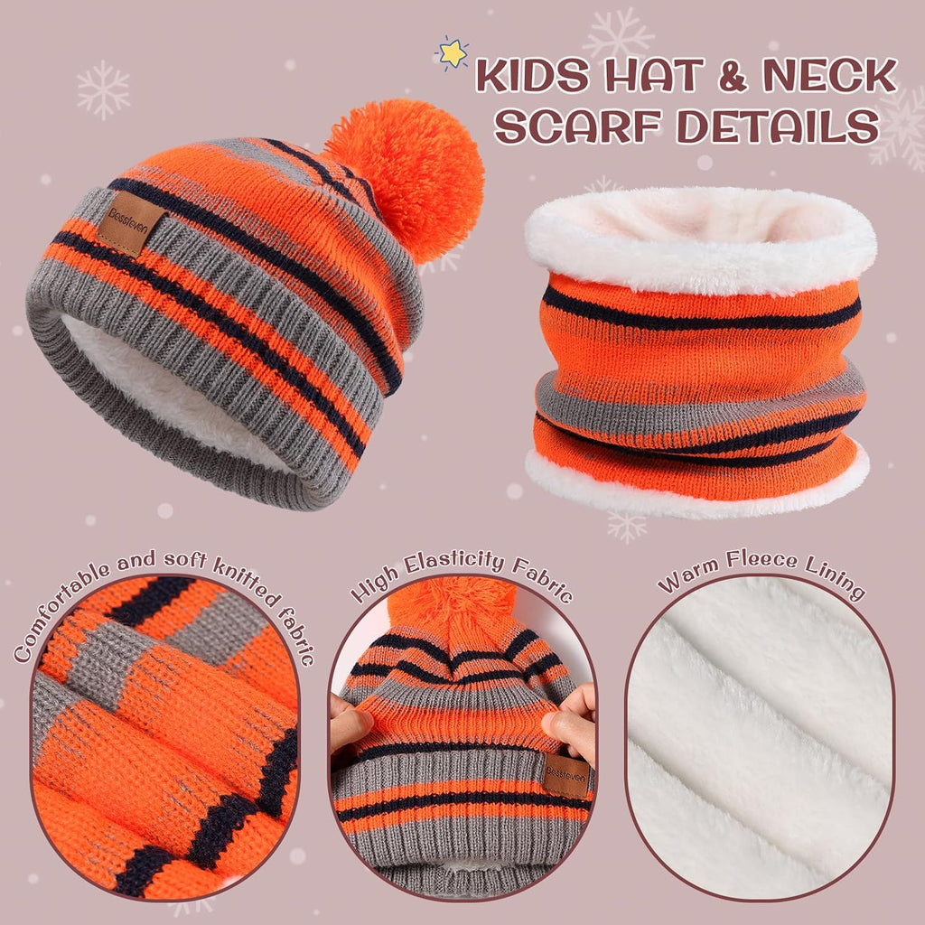 Kids Winter Hat Gloves Scarf Set: Girls Boys Beanie Fleece Lined