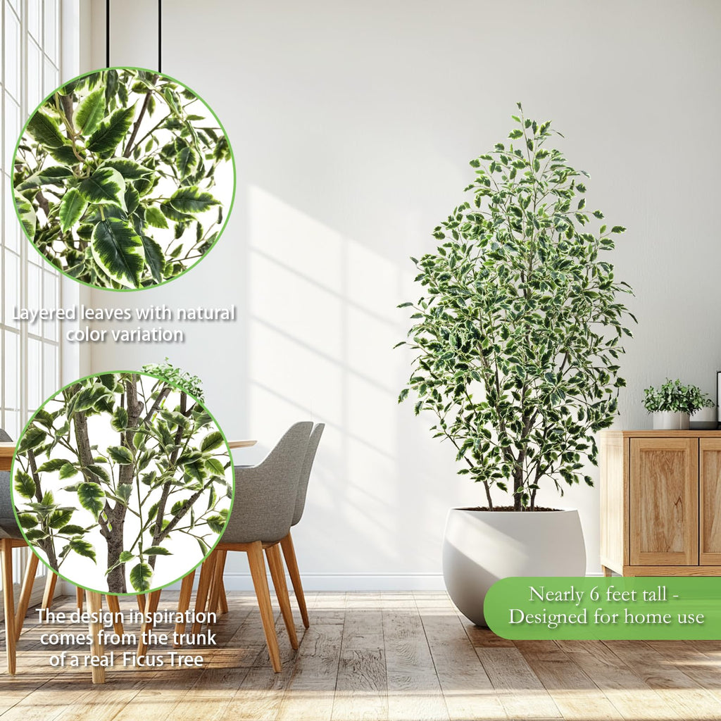 Artificial Ficus Tree Indoor 6ft, Faux Tree with Realistic Silk Leaves & Trunk Corner Decor