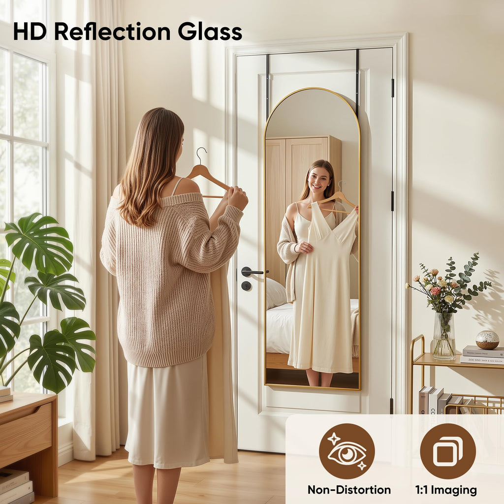 58"x20" Over The Door Mirror, Arched Full Length Mirror, Gold