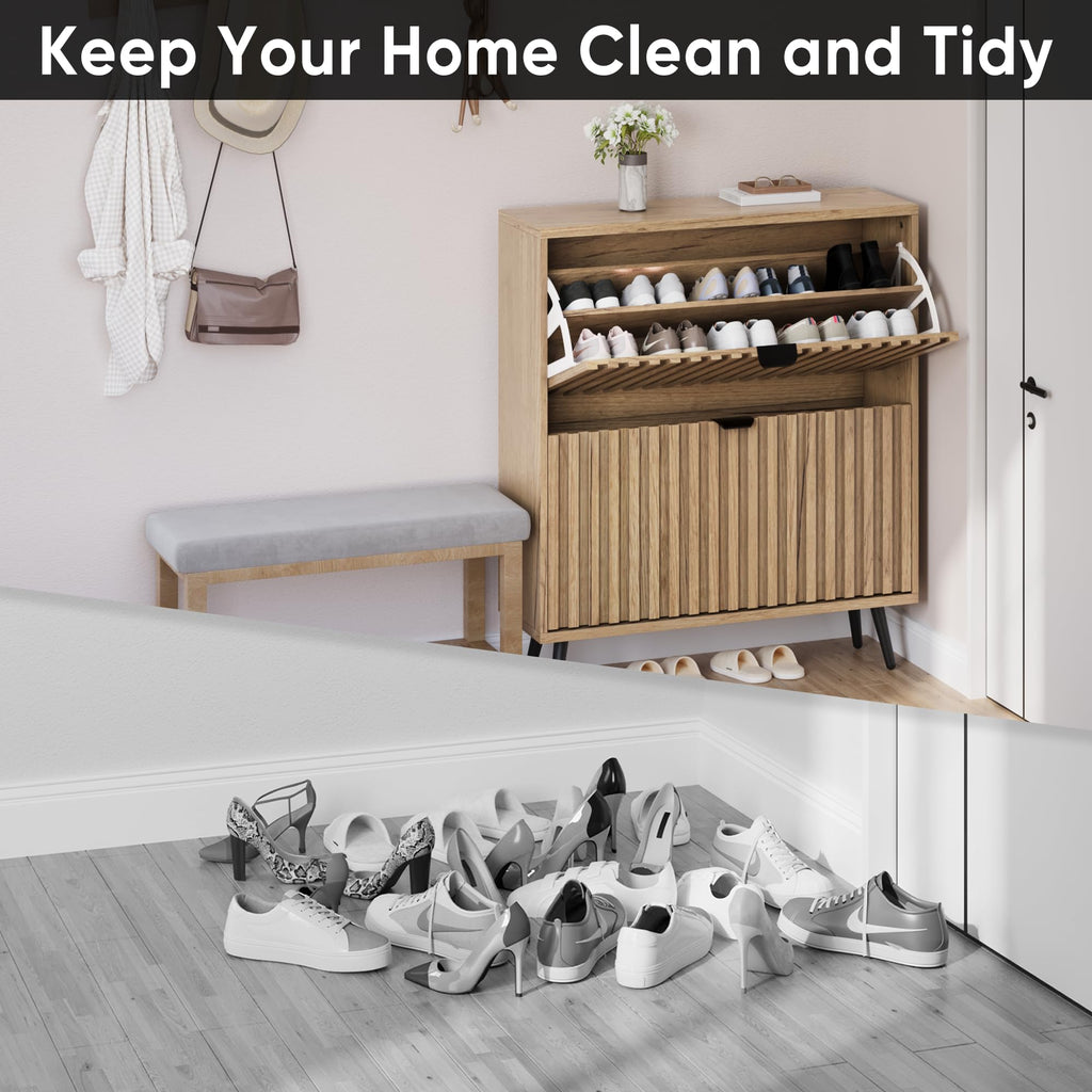 Shoe Cabinet with 2 Flip Drawers, 31.5" Natural Hidden Shoe Storage Cabinet with Fluted Design, Freestanding Shoe
