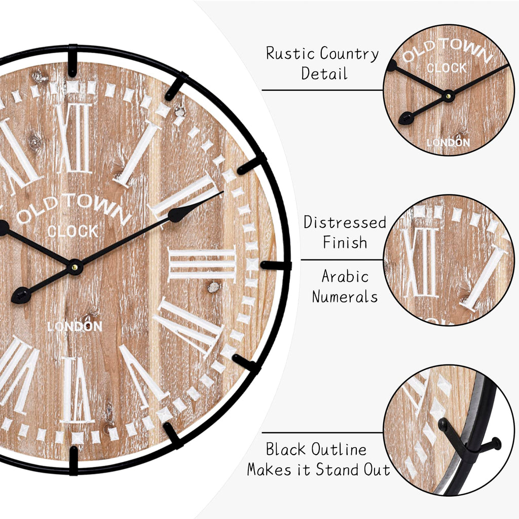 24 Inch Large Farmhouse Wall Clock, Rustic Wooden Wall Clock Decorative with Metal Circle and Engraved Numerals