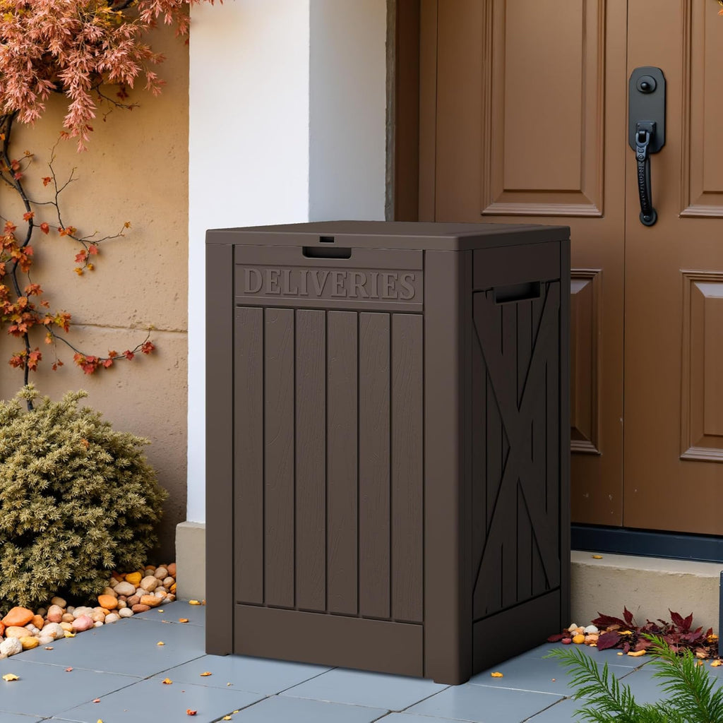 48 Gallon Outdoor Package Delivery Box with Lock, Waterproof Secure Parcel Drop Box Wall Resin Storage, Brown