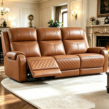 Palace Saddle 3 Seat Top Grain Cowhide Leather Power Recliner Sofa with Power Adjustable Headrest&Footrest, Arm Power