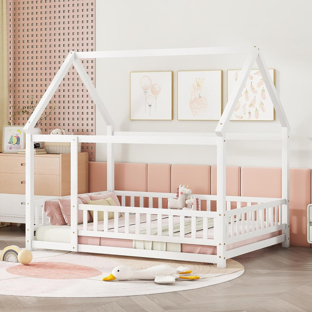 Full Size House Floor Bed,Wooden Montessori Bed with Fence and Roof for Kids,Playhouse Full Bed Frame for