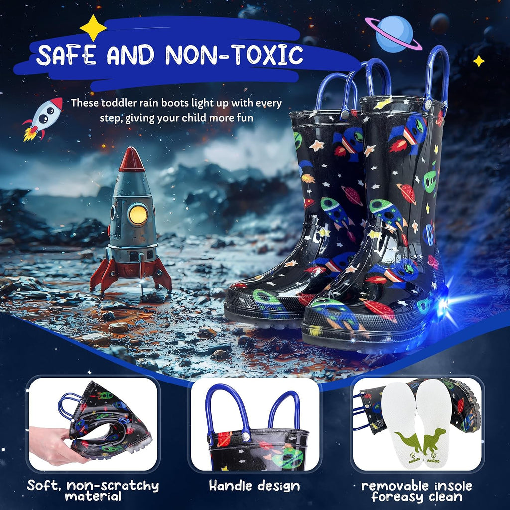 Toddler Rain Boots Boys Rain Boots - Patterns Light Up Kids Rain Boots with Easy-On Handles Lightwight Waterproof