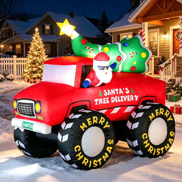 7FT Christmas Inflatable Blow Up Decorations, Santa Claus Drive Monster Truck with Christmas Tree, Built-in LEDs for