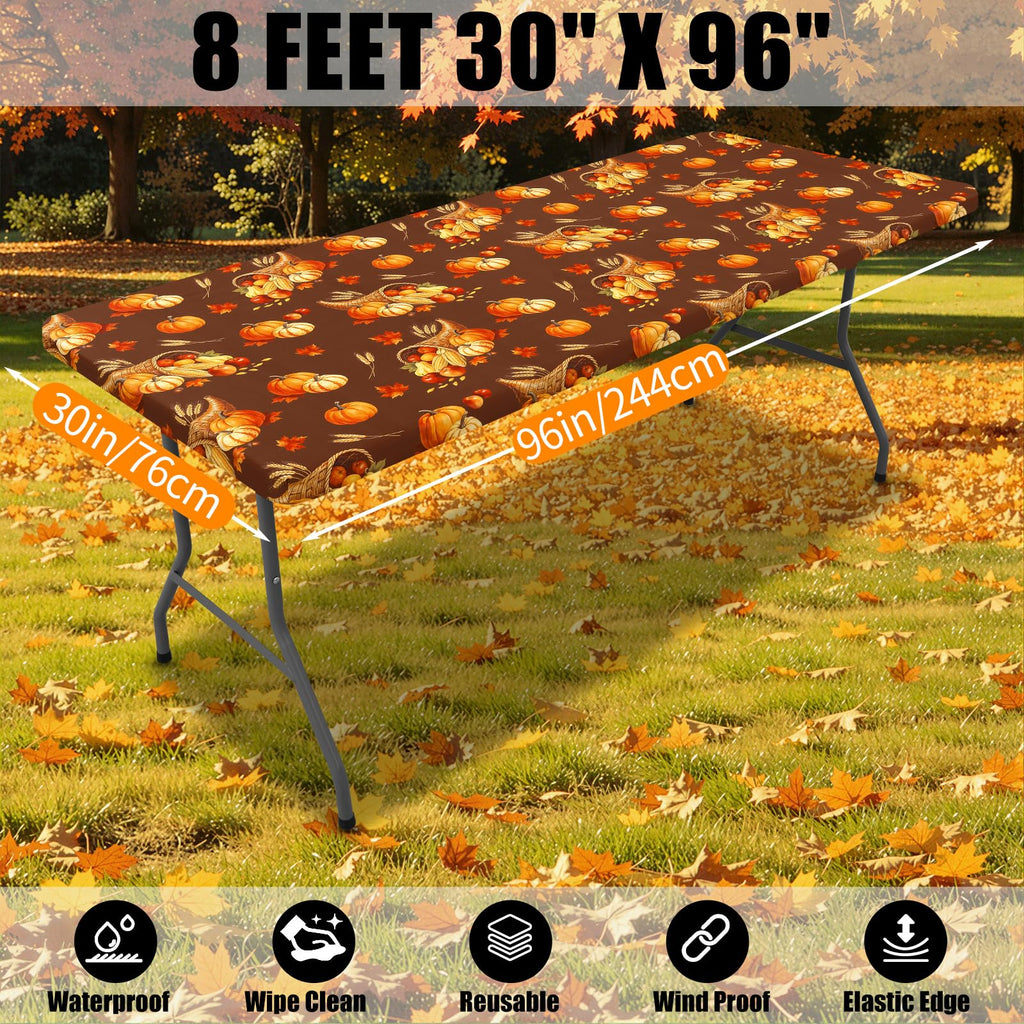 2 Pack Fall Rectangle Table Cloth 6 Foot, Waterproof Elastic Fitted Tablecloths, Windproof Washable Polyester Table