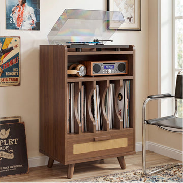 Record Player Stand with Power Outlets, Vinyl Storage Cabinet, Brown