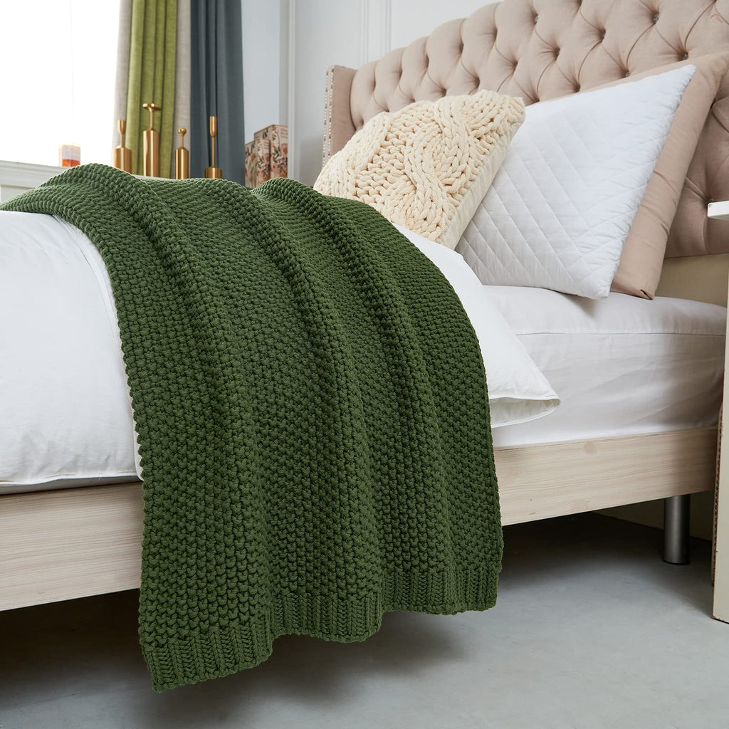 Chunky Cable Knit Throw Blanket Lightweight Olive Green 100% Organic Cotton Blanket for Sofa Couch Bed Baby Nursery