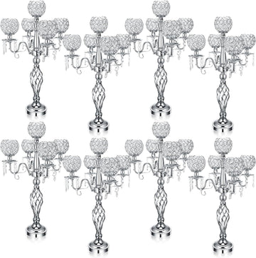 8 Pcs 5 Arm Crystal Candelabra Centerpieces for Table 27 Inch Retro Victorian Crystal Candle Holders Bowl Table