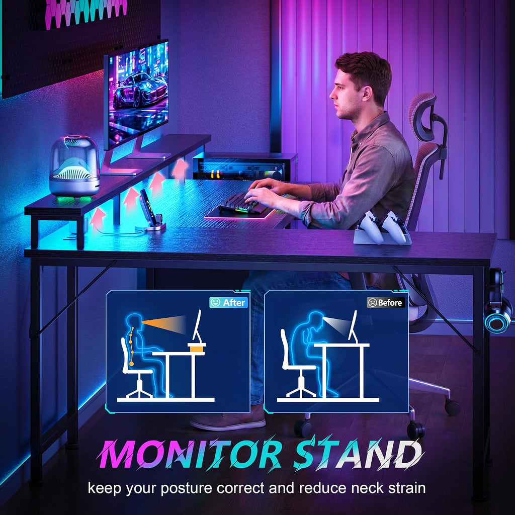 66'' L Shaped Gaming Desk with Storage Drawers, Power Outlets, LED | Large Reversible Computer Desk for Multiple