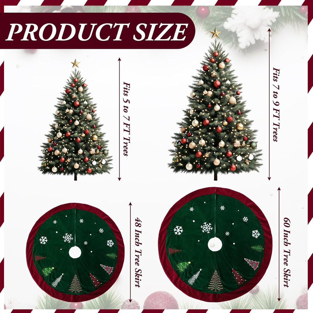 72 Inch Green Velvet Christmas Tree Skirt with Burgundy Trim
