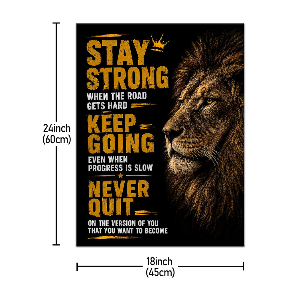 Stay Strong Wall Art, Black Gold Lion Typography Canvas Artwork