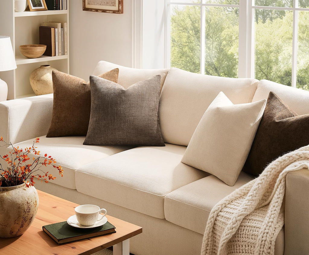 Pack of 4 Throw Pillow Covers 18x18 Inch Chenille Textured Neutral Brown Soft Pillow Covers Solid Decorative