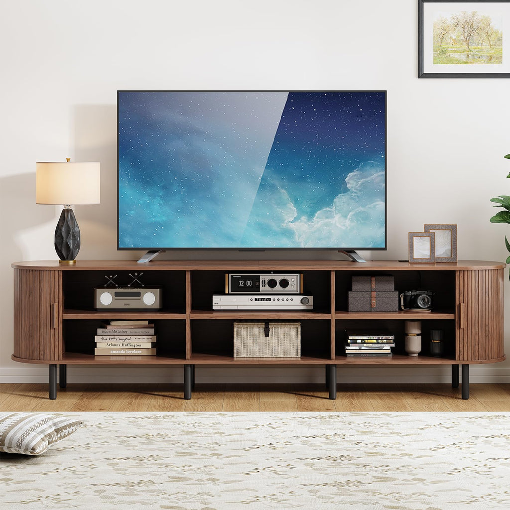 86.6" Mid Century Modern TV Stand with Sliding Doors for 90" TV