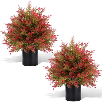 Artificial Fall Cedar Topiary Trees in Pot, 2 Pack UV Resistant Faux Greenery Shrubs, Fall Decoration for Outdoors