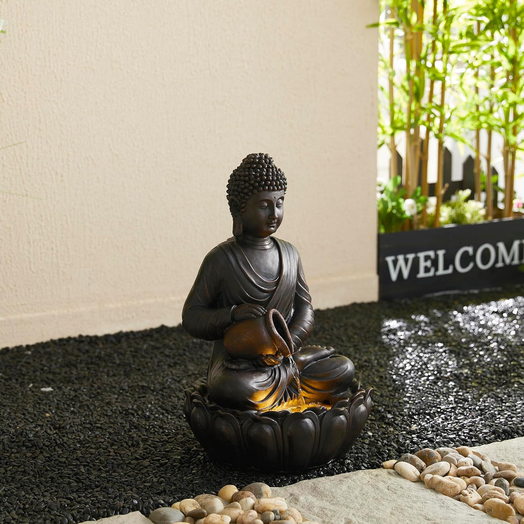 Buddha Fountain Outdoor 2 Tier Zen Style Buddha Water Fountains with Pump & LED Light, Buddha Fountains