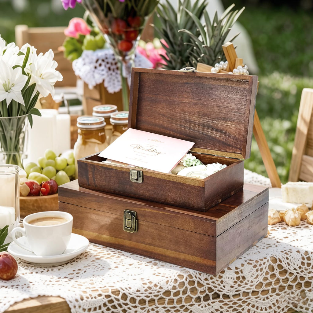 2-Pack Wooden Keepsake Boxes with Hinged Lid, 11.02 & 13.78Inch