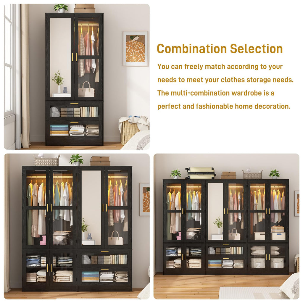 2 Doors Armoire Wardrobe Closet with LED and Mirror, 71" H Freestanding Wooden Wardrobe Closet Cabinet w 2