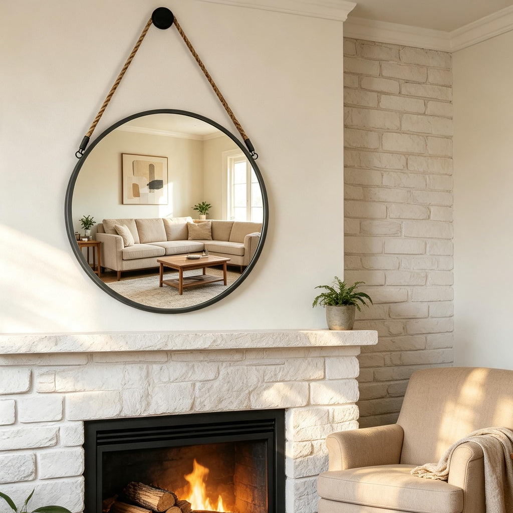 24" Round Hanging Mirror, Circle Wall Mirror with Jute Rope