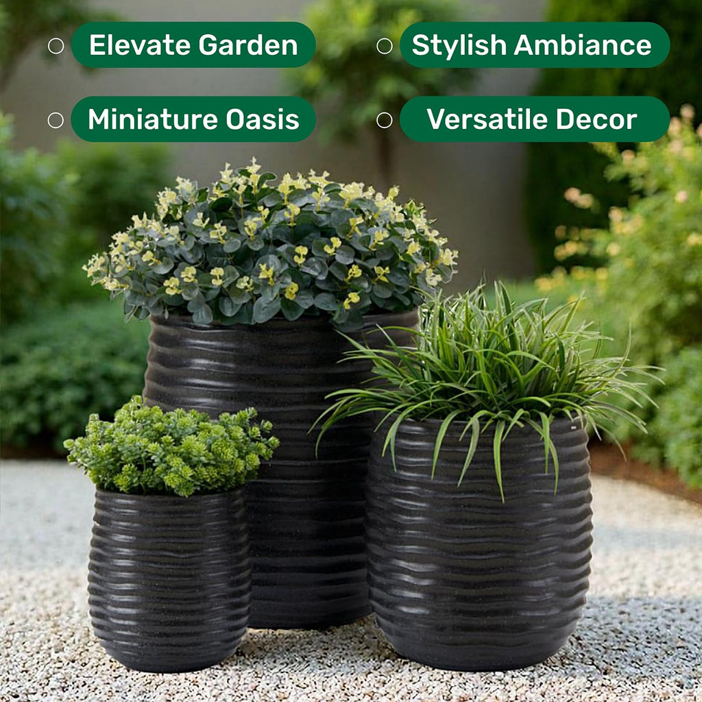 15"+11"+7.9" Dia Concrete Planter Set of 3, Wavy Textured Black Flowerpot
