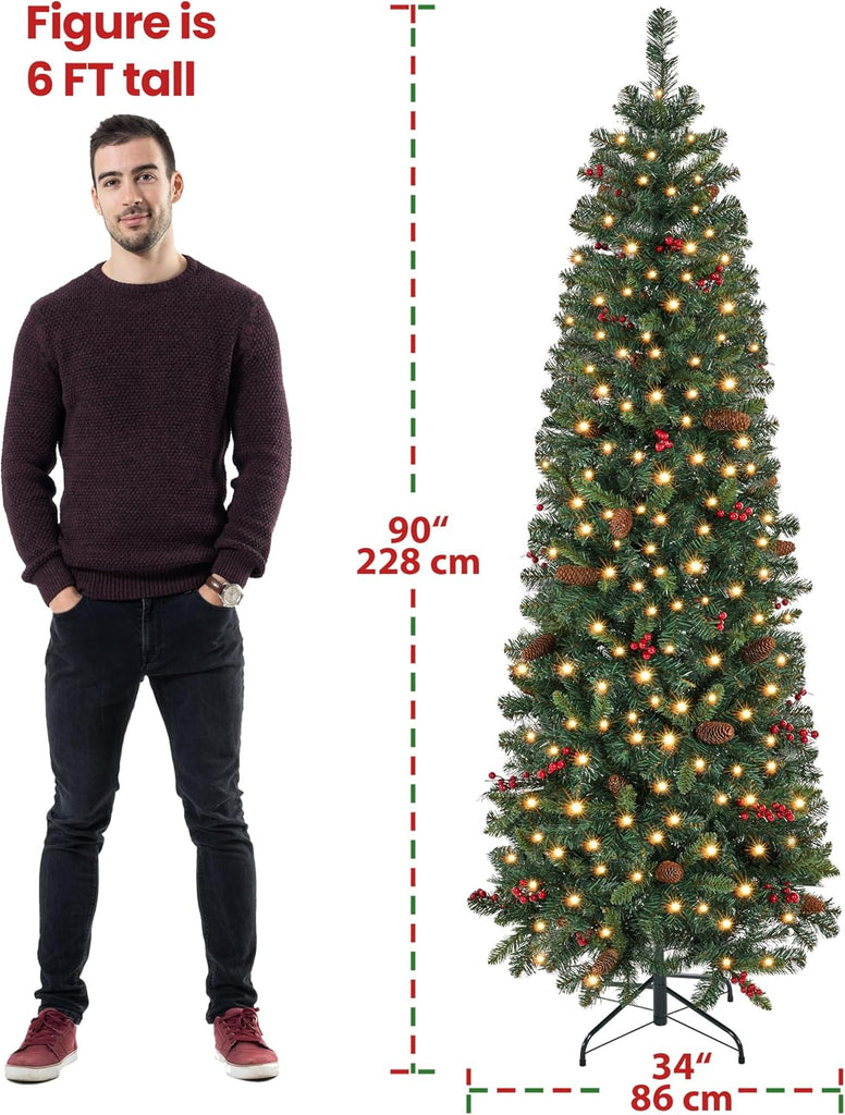 7.5ft Pre-lit Pencil Spruce Christmas Tree, Artificial Slim Xmas Fir, Pre-Decorated , Party, Holiday Decor W/ 948