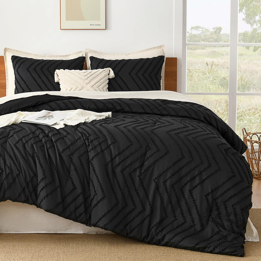Black Super King Plus Comforter Set, 3 Pcs Boho Tufted Bedding Set