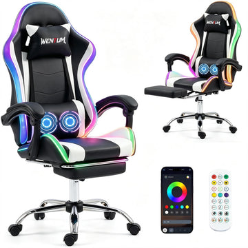 LED Lights Gaming Chair with Footrest, Black/White
