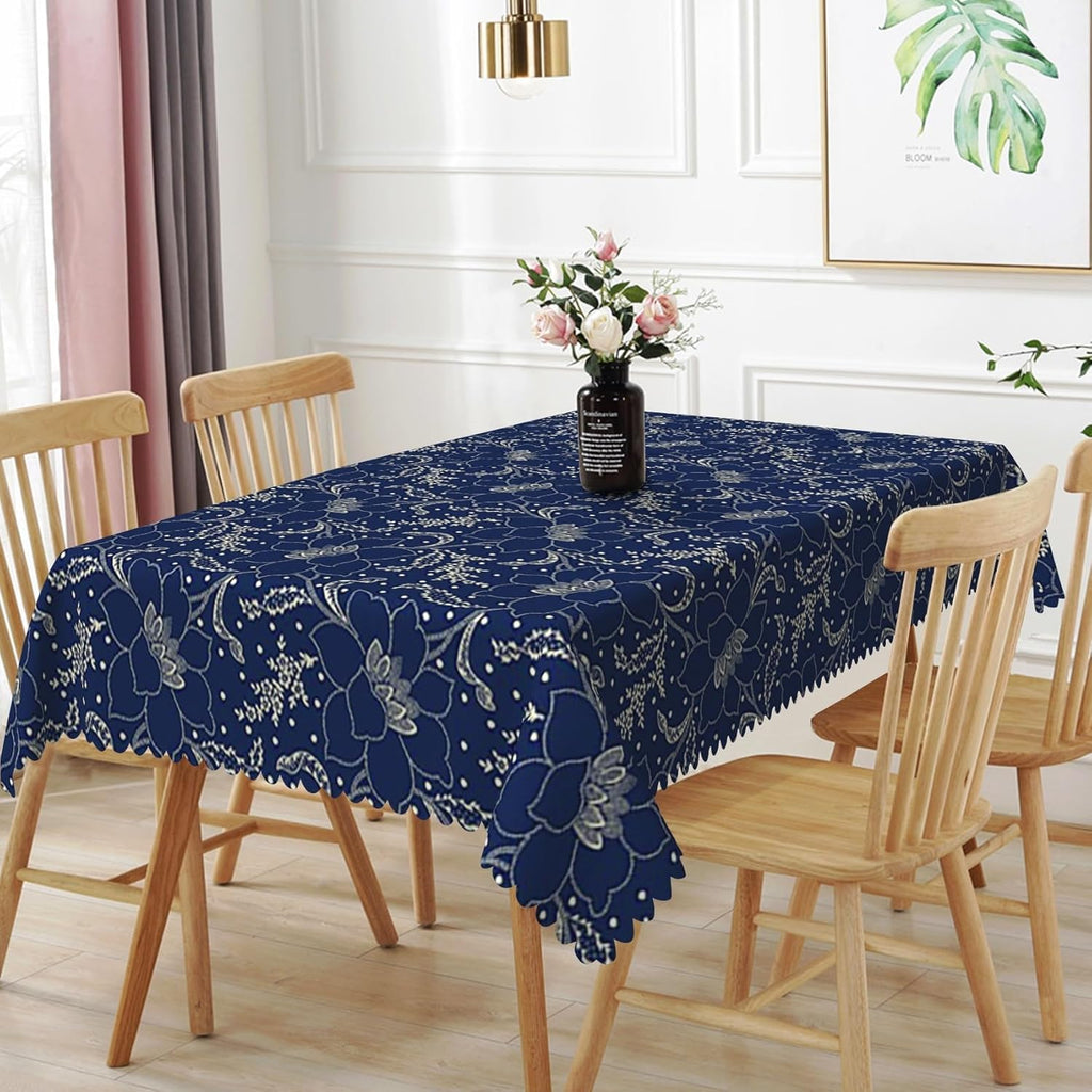 60x120 inch Jacquard Floral Tablecloth Navy Blue Flowers Line Art Pattern Rectangle Tablecloth Washa