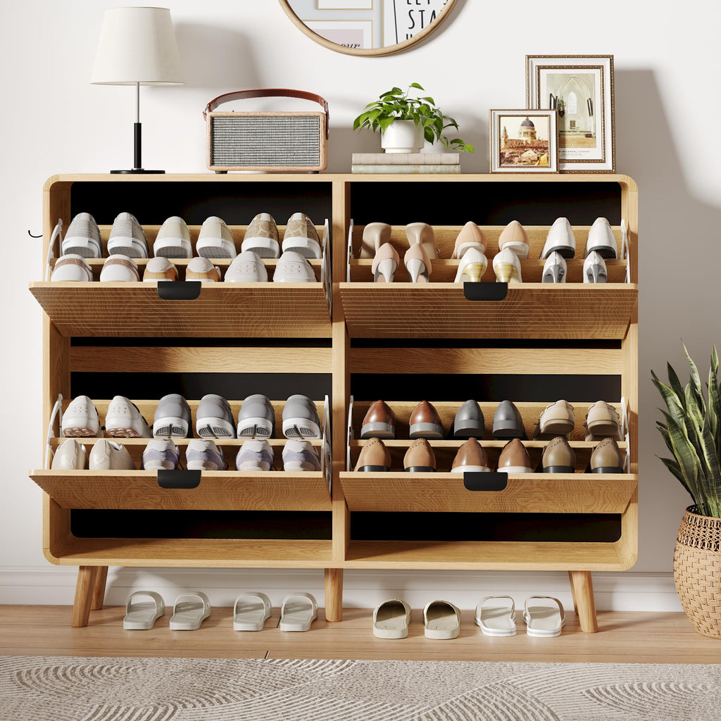 Fluted Shoe Storage Cabinet with 4 Flip Drawers, Oak