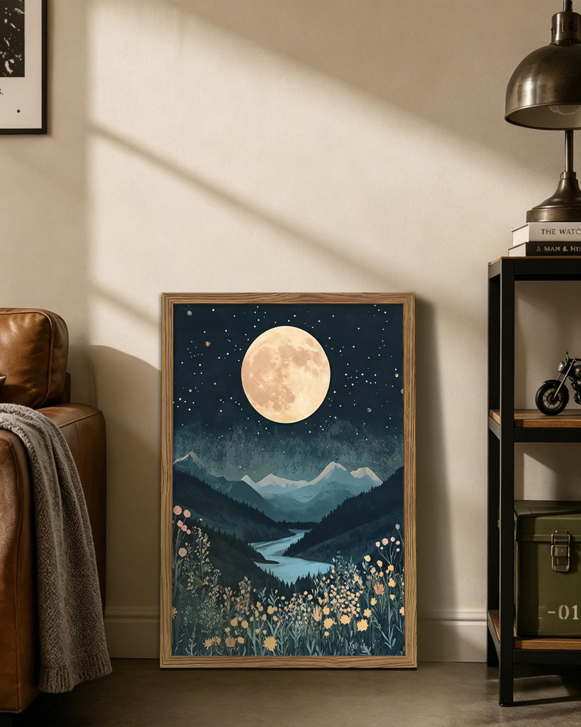 Framed Moonlight Mountain Landscape Canvas Wall Art, Vintage Nature Aesthetic Wall Decor Painting, Full Moon Night