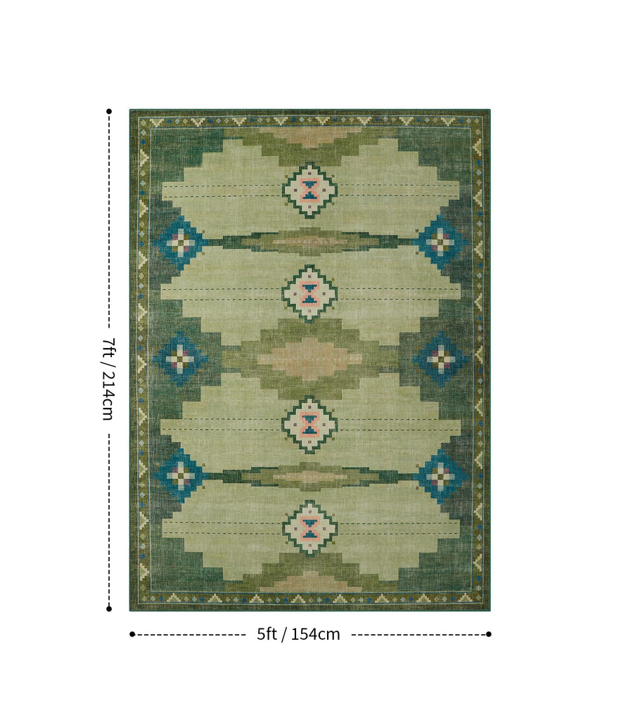 Washable Green Mid Century Modern Area Rug