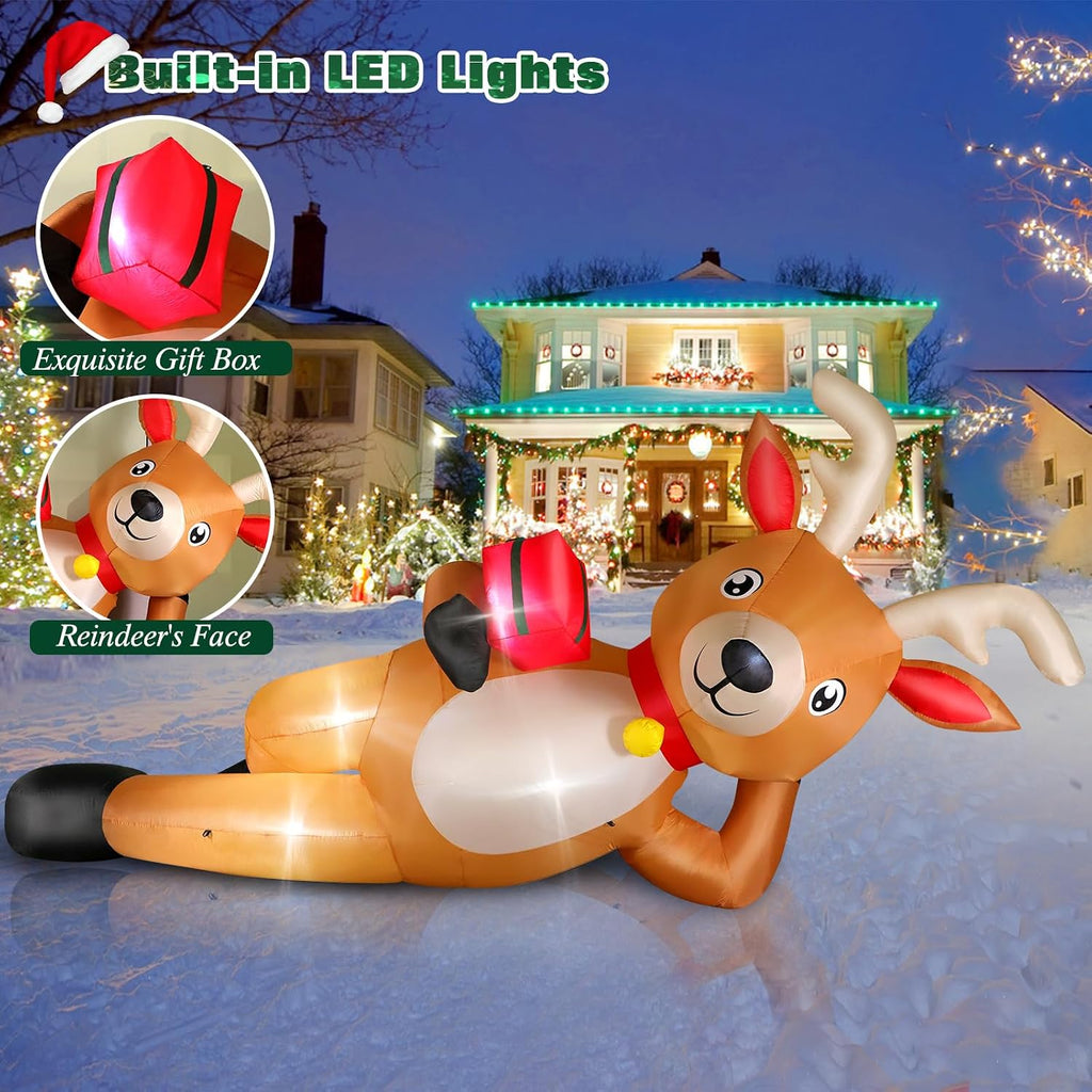 12 FT Giant Christmas Inflatable Reindeer Outdoor Decorations, Large Blow Up Reindeer with Gift Box Decor, Built-in