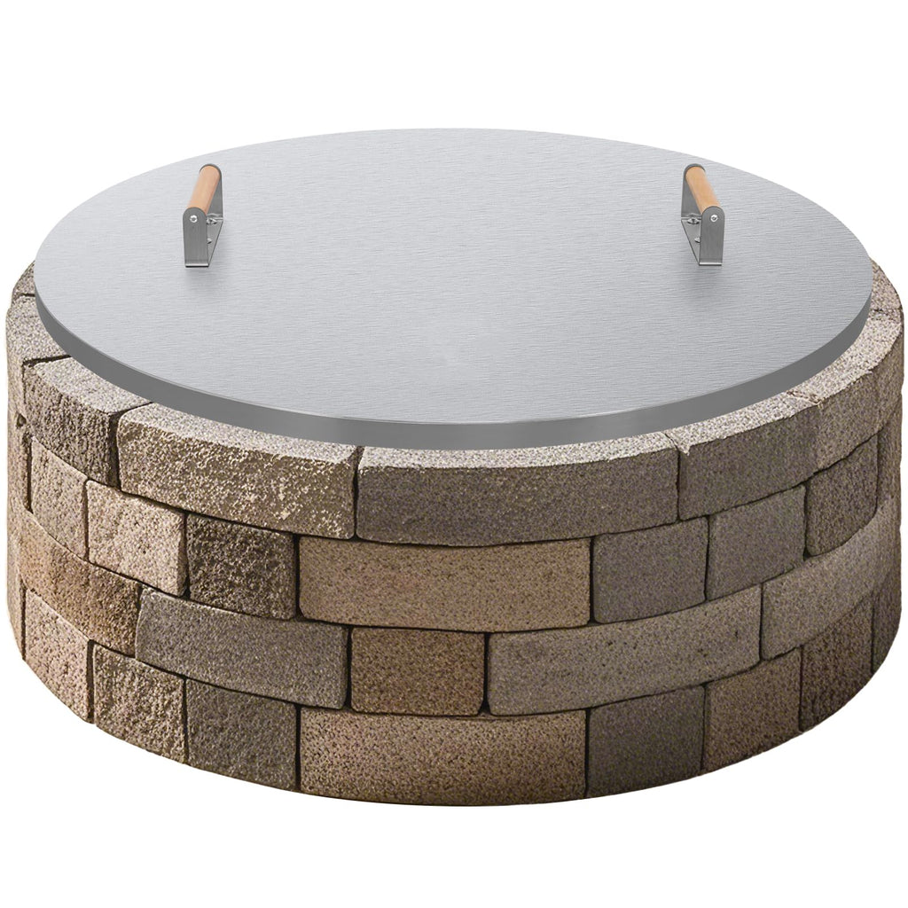 Fire Pit Lid Round 34" - Stainless Steel Firepits Cover with Wooden Handles Firepits, Rust Resistant 1.5mm Fire Pits