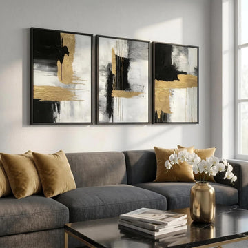 3D Textured Black and White Abstract Wall Art with Gold Foil, Framed 3 Pcs Hand Painted Oil Paintings, Large Luxury