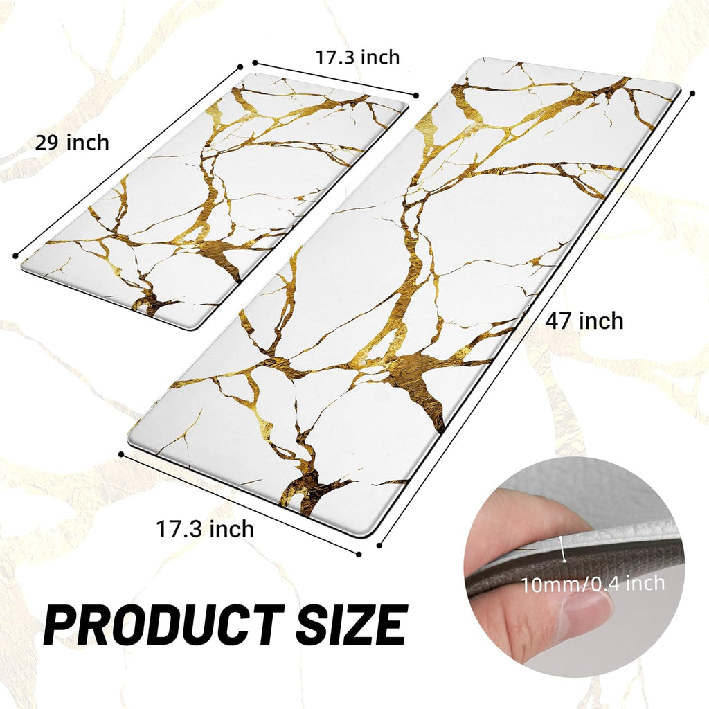 Gold White Kitchen Mats for Floor 2 Pcs 17.3"X28"+17.3"X47" | Modern Marble, Anti Fatigue, PVC Non Slip, Waterproof
