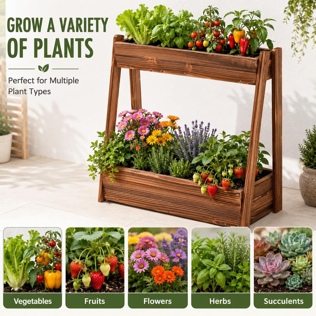 36" 2-Tier Fir Wood Elevated Raised Garden Bed | Outdoor Wood Planter Box for Vegetables Herbs Flowers, Tall Planter