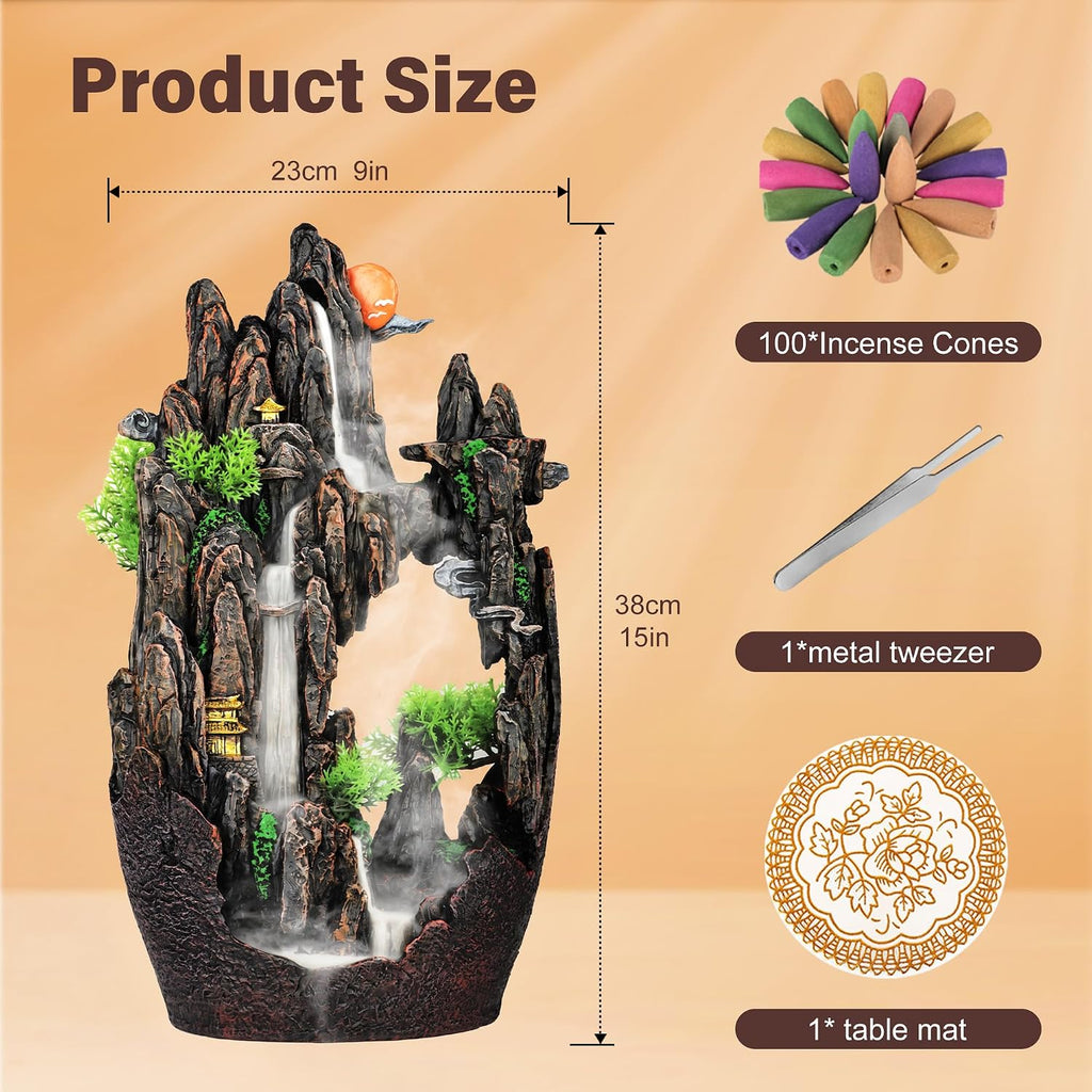 Large Backflow Incense Burner Resin Mountain Waterfall Incense Holder Smoked Fountain Aromatherapy Office Yoga Room - Set of 100