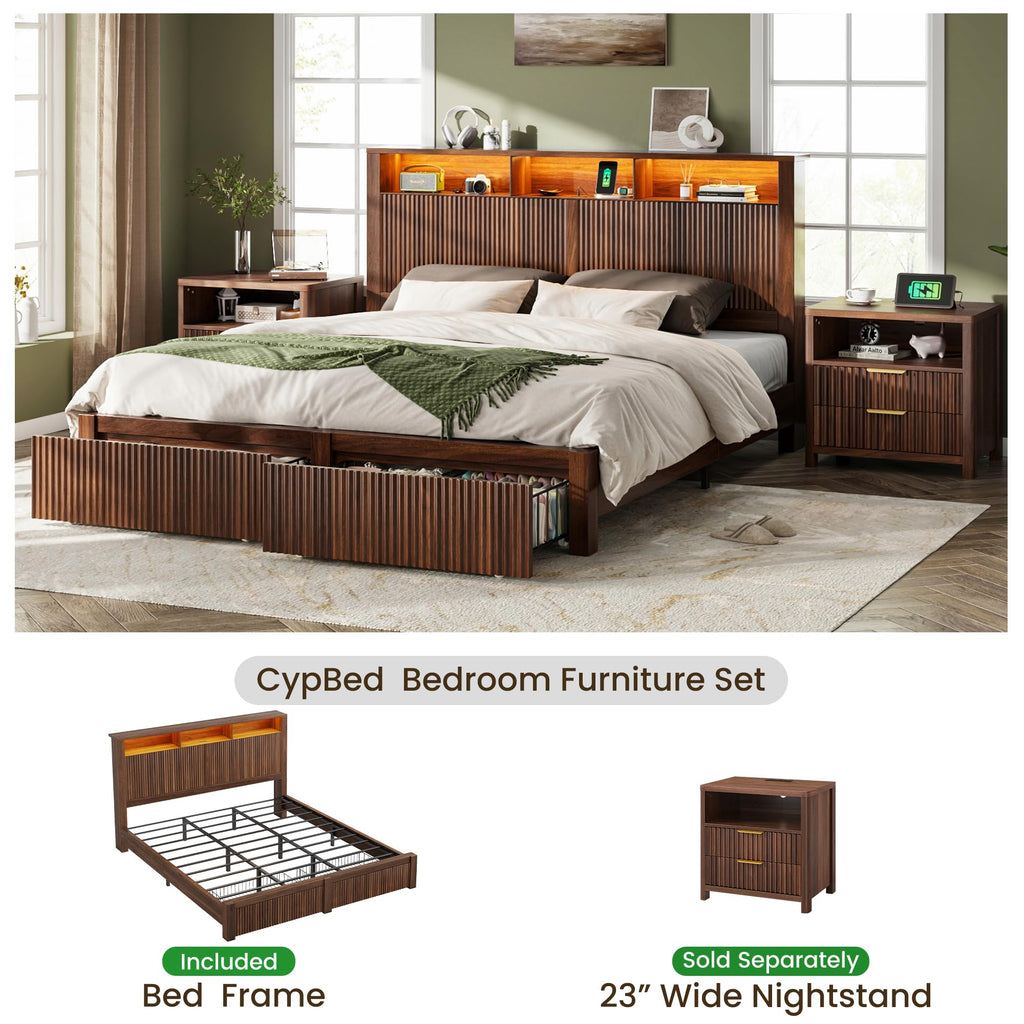 King Size Bed Frame and Headboard & 2 Storage Drawers, Walnut