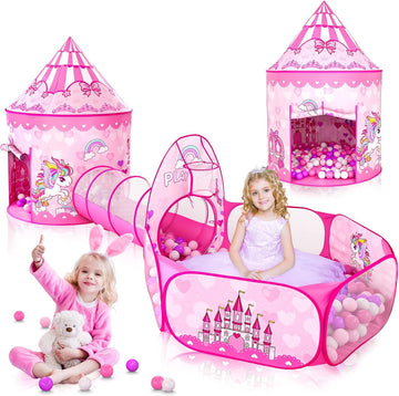3PC Princess Tent for Girls with Kids Ball Pit and Crawl Tunnel for Toddlers, Pink Pop Up Playhouse Toys Indoor