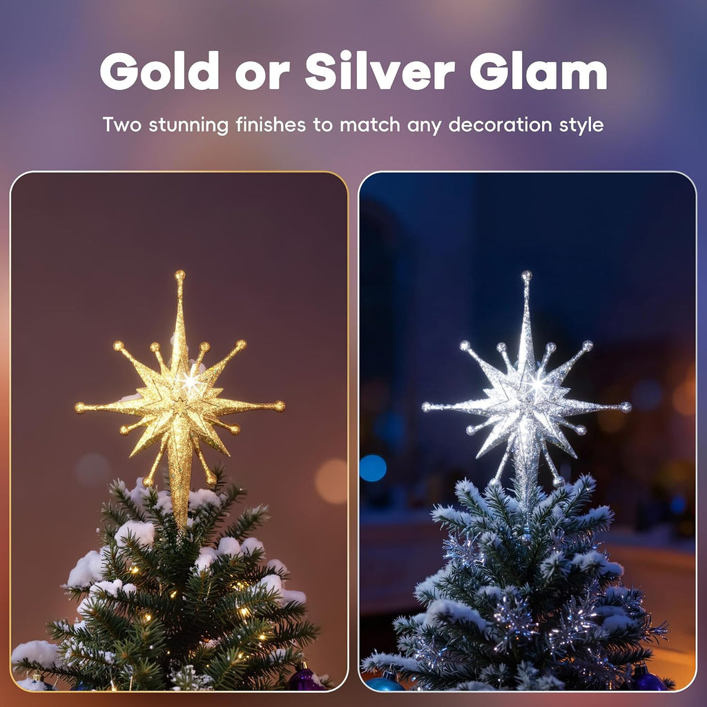 Christmas Tree Topper with Wide Coverage Light, Frosted Silver