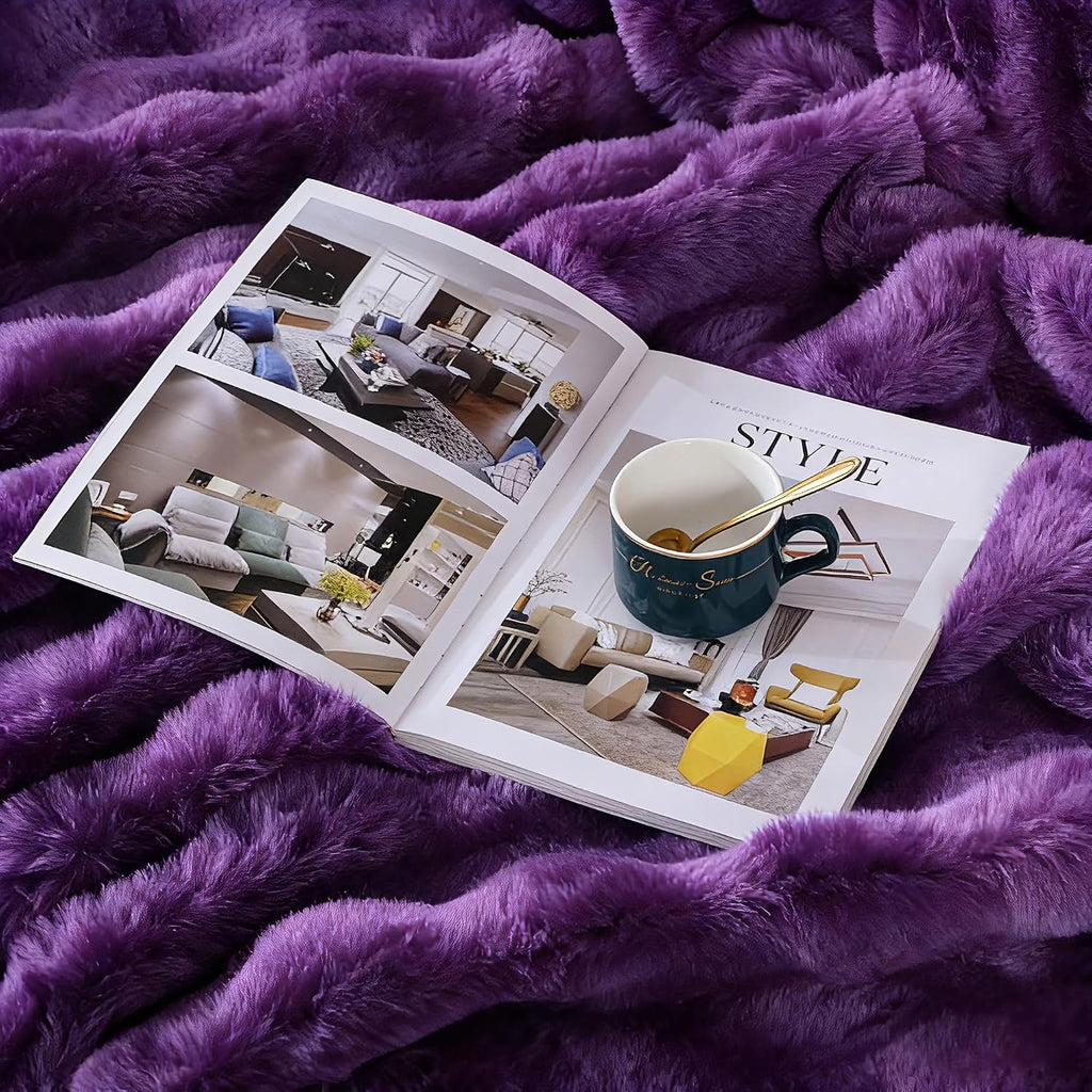 Purple Faux Fur Throw Blanket for Couch, Double-Sided Bubble Textured Plush Blanket with Soft Flannel Back