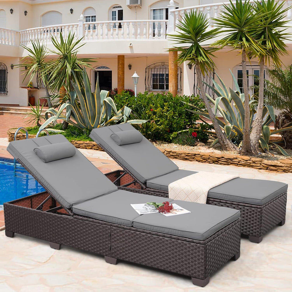Outdoor Chaise Lounge Set Patio Lounge Chairs Outside Pool Lounger Furniture Set of 2 Brown Wicker Recliners with