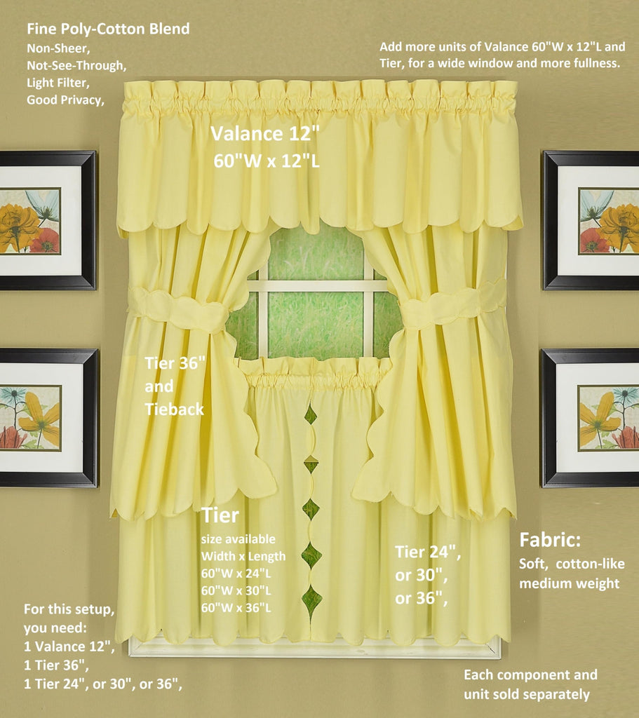 Orleans Scallop Curtain, Buttercup 30" Tier Pair and Tieback, 60" W x 30" L, Buttercup
