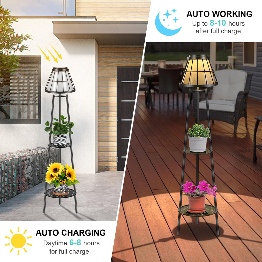 2-Tier Solar Plant Stand with Light, Modern Outdoor Floor Lamp with Classic Grid Lantern, Waterproof Tall Metal