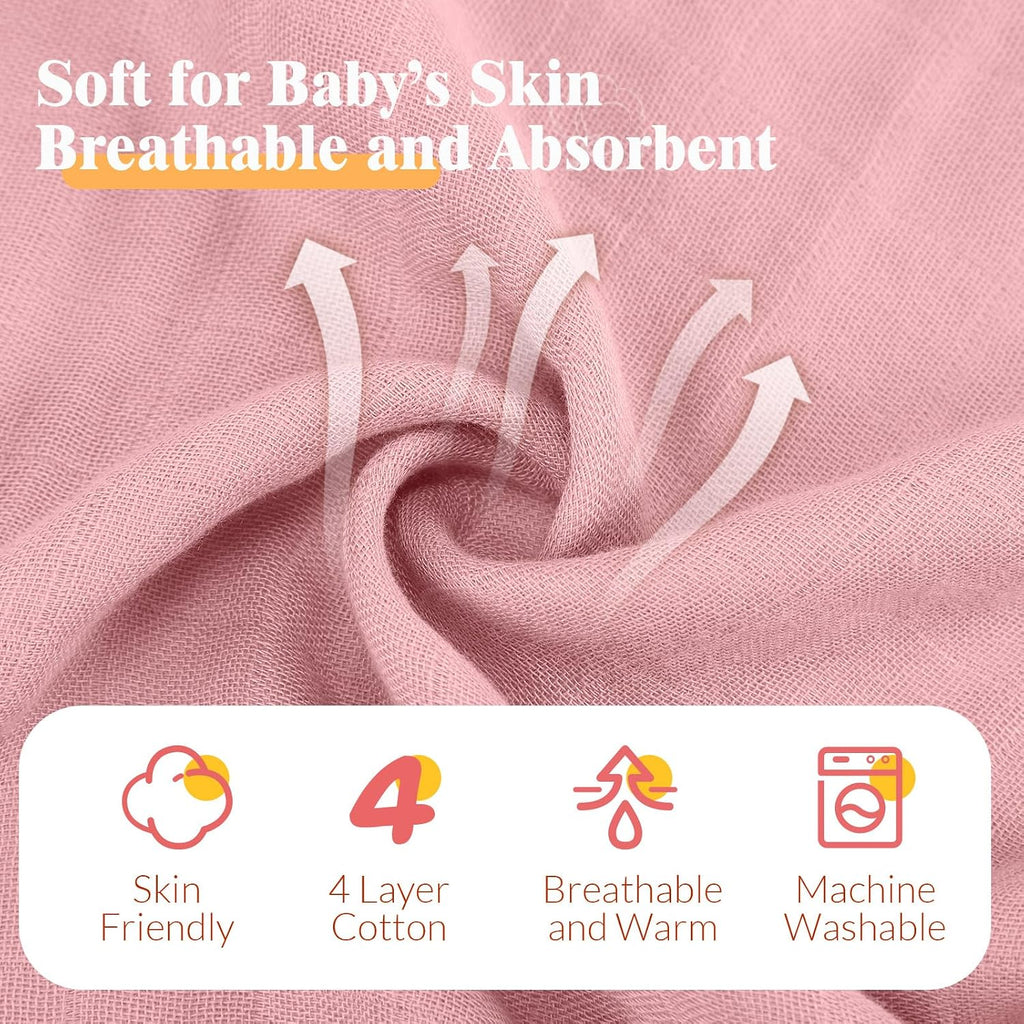 6 Pcs Muslin Hooded Baby Towels and Washcloths,Pink,Dark Pink