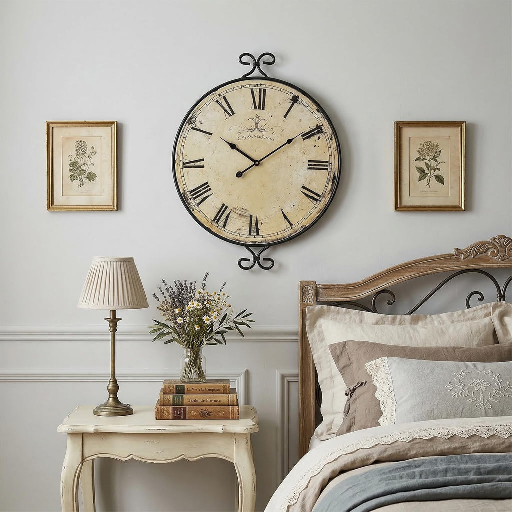 24 Inch Large Farmhouse Wall Clock, Wrought Iron Frame with Retro Gold Finish, Silent Battery Operated Wall Clocks