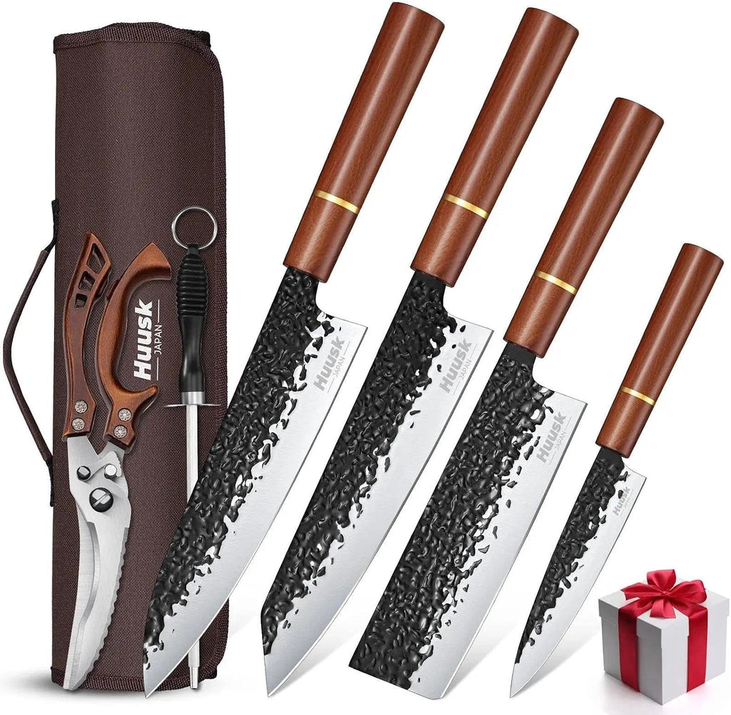 Japanese Knife Set 6pcs with Covers - Professional Chef Knife Set | Bag & Sharpener, High Carbon Steel Forged Knives