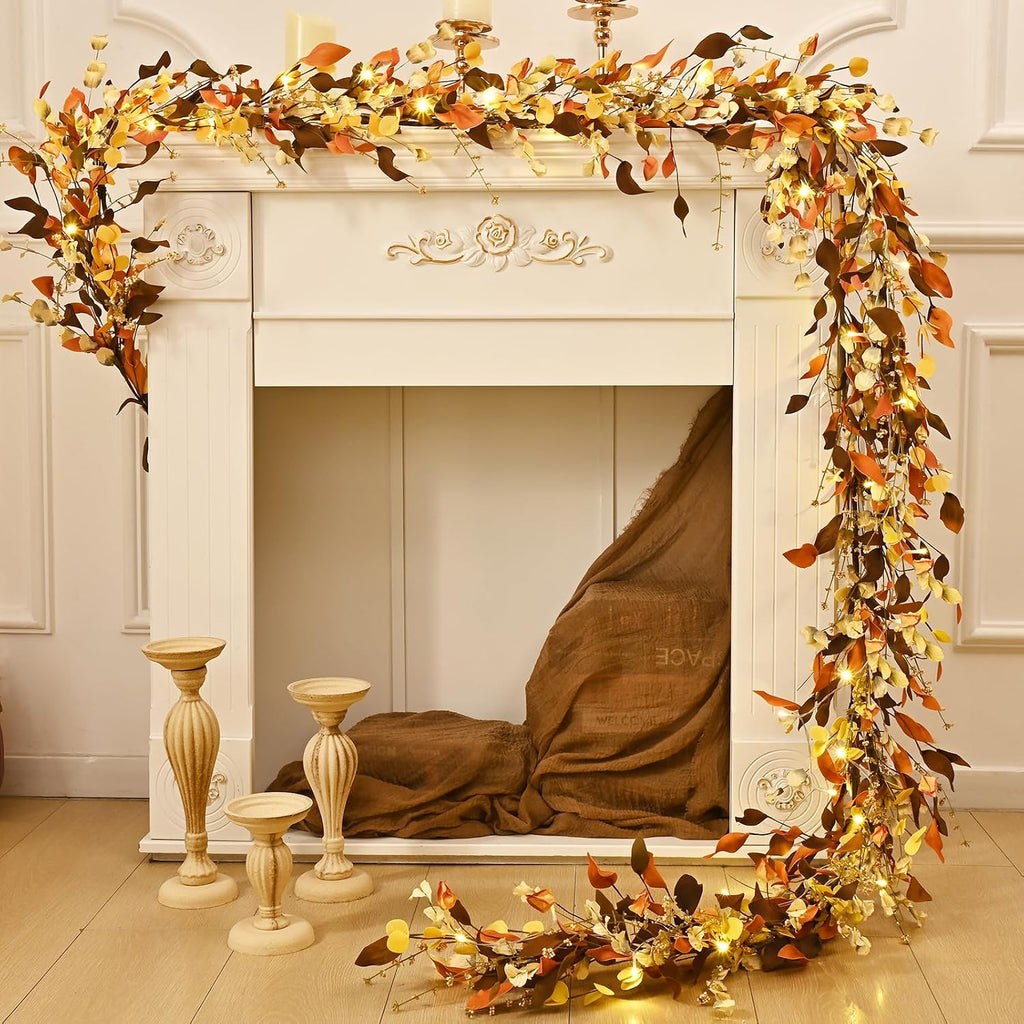 Fall Decor, Fall Garland with Lights, 6FT Autumn Eucalyptus Leaves Lighted Garland Thanksgiving Harvest Festival - Set of 6