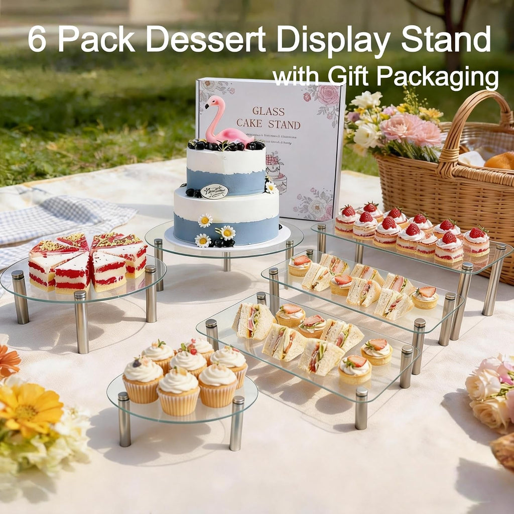 Tempered Glass Cake Stands Set 9 11 13 Inch Dessert Display Riser - Set of 6